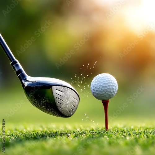 Obraz na płótnie Golf Club About to Strike Golf Ball on Tee in Lush Green Field with Bright Sunlight w salonie