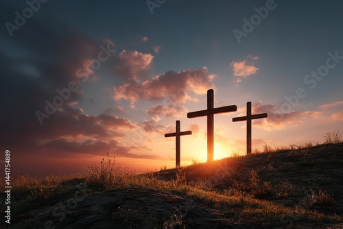 On a hill, three black crosses rise against the setting light. The crucifixion of Jesus Christ is depicted in the religious Easter theme. Generative Ai