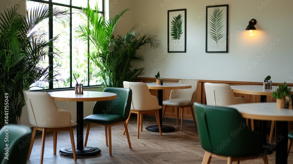 Fototapeta premium Cozy and Modern Cafe Interior with Green Plants and Minimalistic Decor for Relaxing Dining Experience
