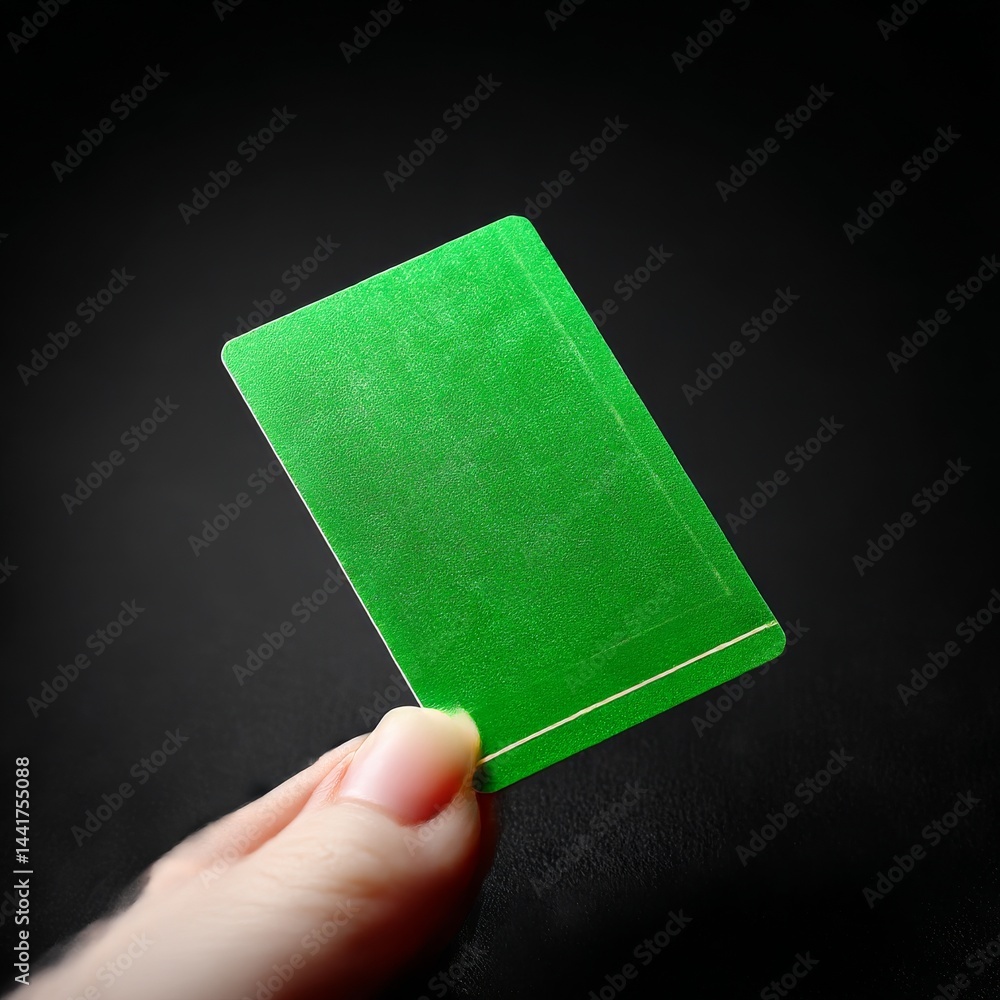 Green Card Held by Hand against Dark Background, Minimalist Aesthetic Presentation