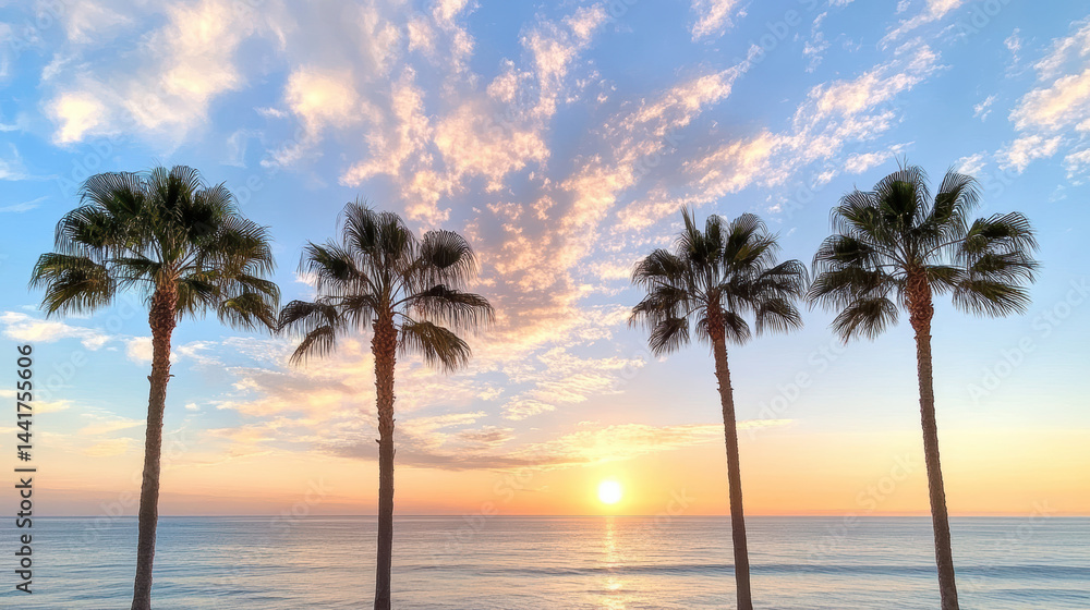 Sunset over ocean with palm trees silhouetted against colorful sky Sunset over ocean with palm trees silhouetted against colorful sky