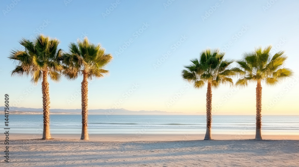 Lush palm trees line serene beach at twilight, with glowing horizon and calm waters