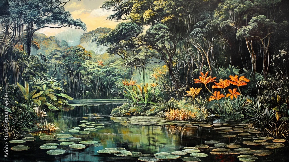Serene tropical rainforest landscape with lush green foliage and vibrant orange flowers art pond calm Serene tropical rainforest landscape with lush green foliage and vibrant orange flowers art pond calm