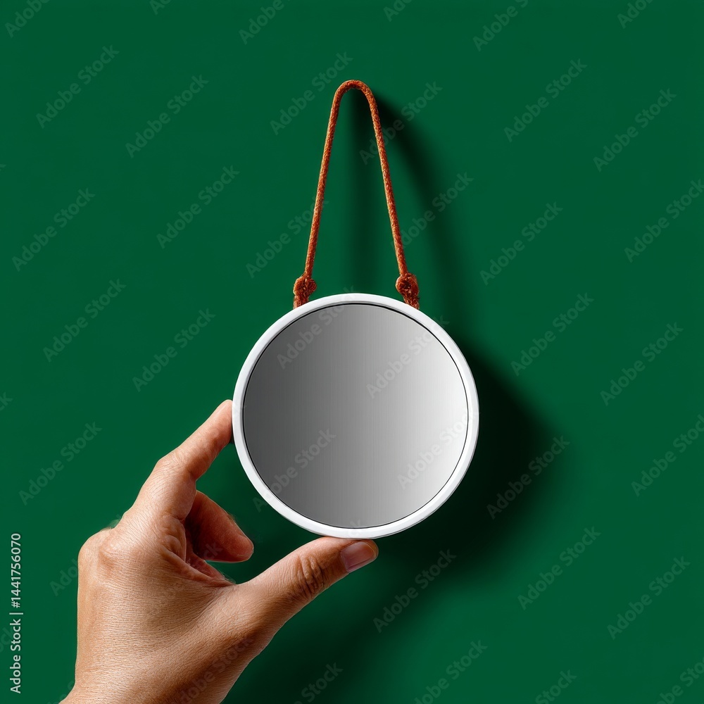 Hand Holding a Round Mirror with Brown Rope Hanger Against Dark Green Background: Minimalism