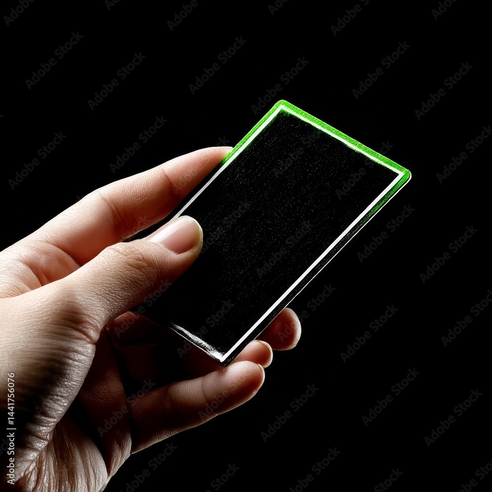 Hand Holding Modern Card with Black Background and Green Accent, Suggesting Minimalism or Innovation.