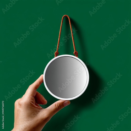 Obraz na płótnie Hand Holding a Round Mirror with Brown Rope Hanger Against Dark Green Background: Minimalism w salonie