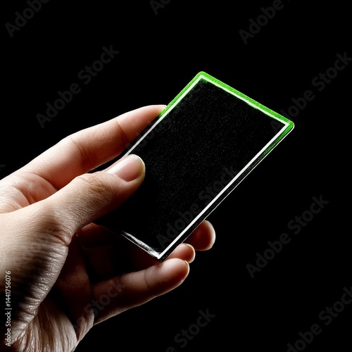 Obraz na płótnie Hand Holding Modern Card with Black Background and Green Accent, Suggesting Minimalism or Innovation. w salonie