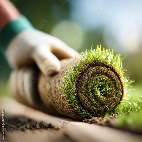 Laying Fresh Sod: A Close-Up of Turf Roll Installation for a Vibrant, Green Lawn in the Garden