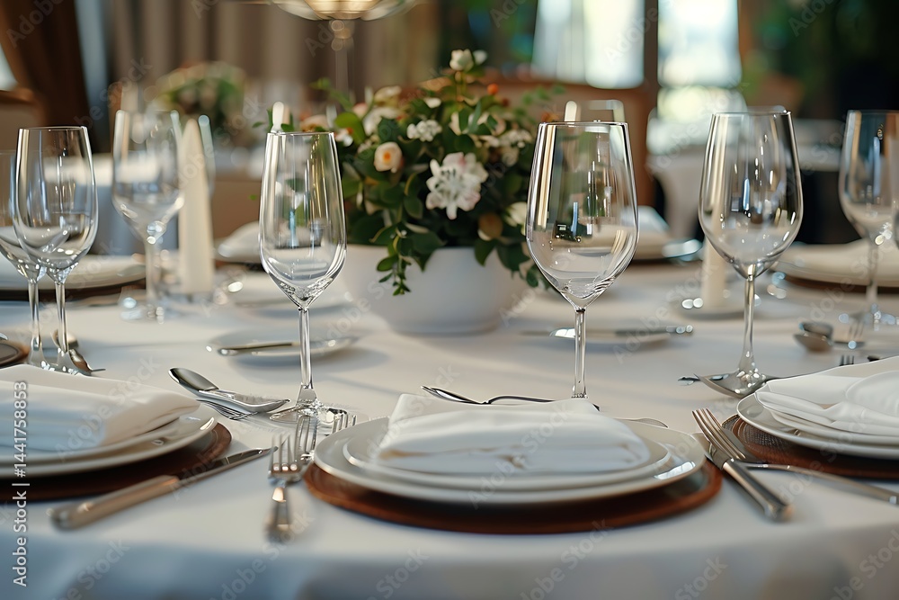 Beautifully organized event - round served table banquet ready for guests, round decorated table with empty plate, glasses, forks, napkin. Elegant Beautifully organized event - round served table banquet ready for guests, round decorated table with empty plate, glasses, forks, napkin. Elegant