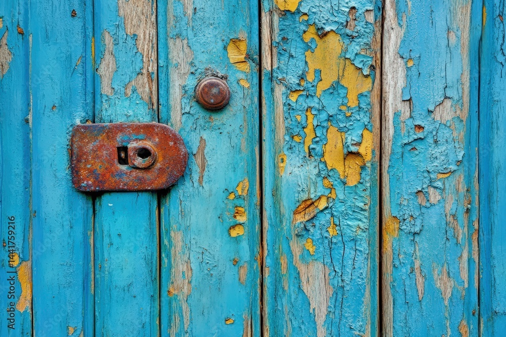 Weathered wooden door with peeling paint and aged lock. Weathered wooden door with peeling paint and aged lock.