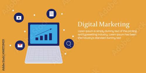 Digital marketing with SEO, SMO, Email strategy, business growth graph on laptop screen concept.