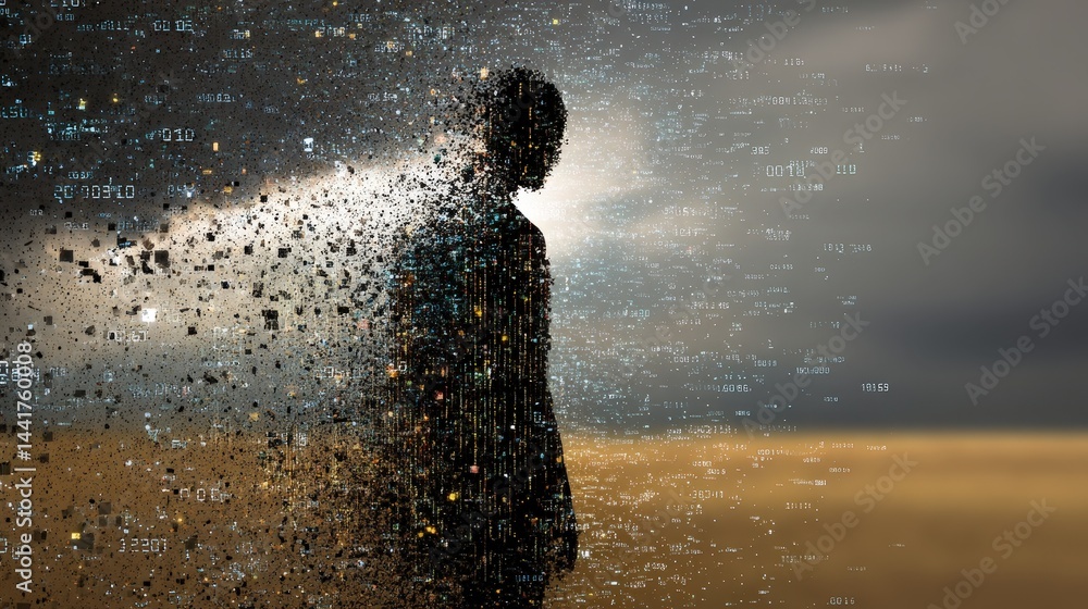 Obraz premium A man standing before a series of numbers symbolizing job loss and displacement in a conceptual visual narrative