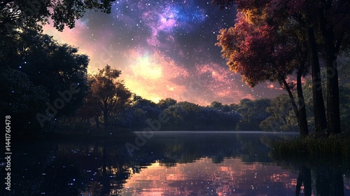 An alien lake surrounded by alien trees with luminous leaves, reflecting the stars and distant planets in its waters