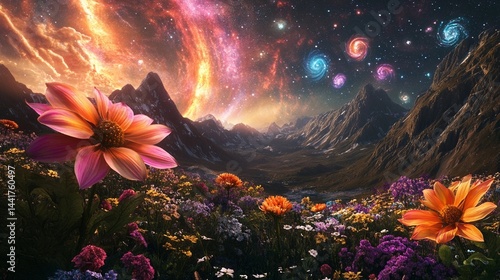 Fantasy Flower Meadow Under Colorful Galaxy Sky and Mountains