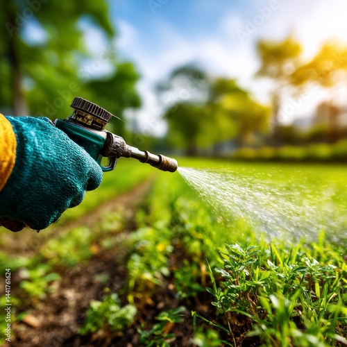 Watering the Garden: A gloved hand sprays water from a garden hose, nourishing vibrant green plants under a sunny sky.