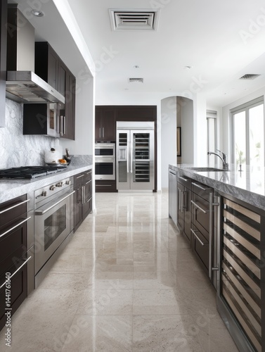 Contemporary kitchen featuring dark wood cabinets, marble backsplash, built-in oven, and a wine cooler - countertops sophistication renovation wine cooler