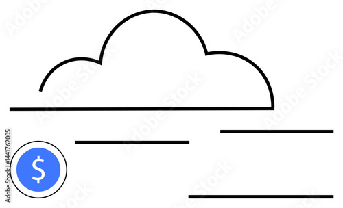 Cloud outline above horizontal lines, dollar icon in blue circle. Ideal for technology, finance, cloud storage, online payment, digital economy, SaaS, simple landing page