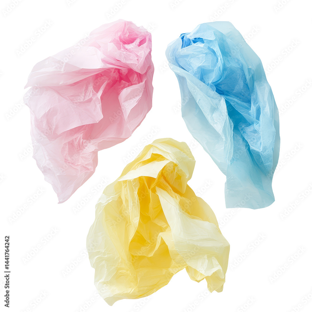 Fototapeta premium Colorful tissue paper crumpled and scattered on a transparent background in a creative setup, tissue paper on transparent backgroundfile