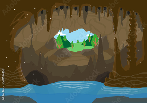 Cave underwater river network with natural elements

