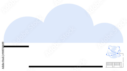 Blue cloud shape with global connectivity graphic and server racks. Ideal for technology, networking, cloud storage, data transfer, innovation, IT solutions, infrastructure. Flat simple metaphor