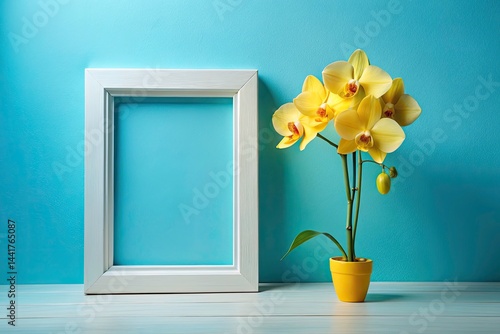 Bright Yellow Orchid Photo Frame Mockup, Light Blue Wall, Interior Design, Home Decor,  Room Decor, Floral Photography