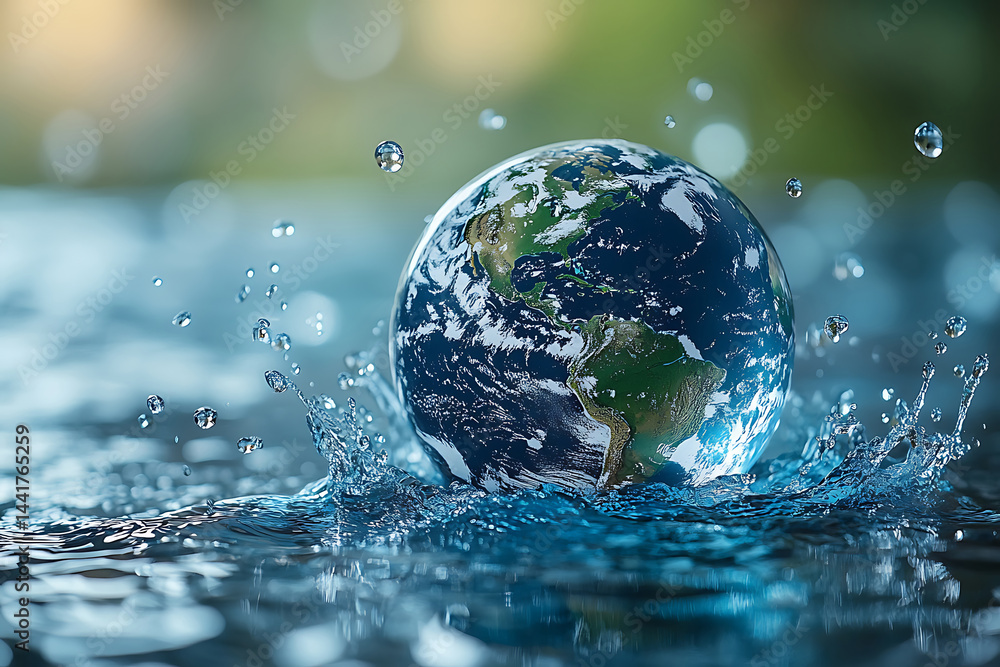 Earth Globe Plunging Into Water Surface Creating Splashes Ecological Concept