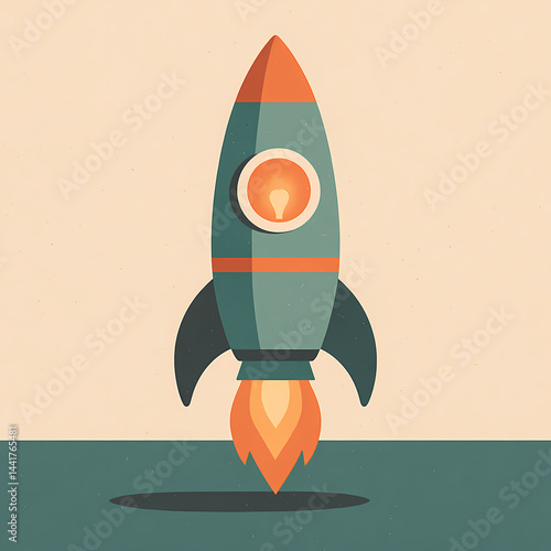 Rocketship styled like a 70s desk lamp, with soft glow and chrome lines. Mid-century modern meets space age in this symbolic lift-off.