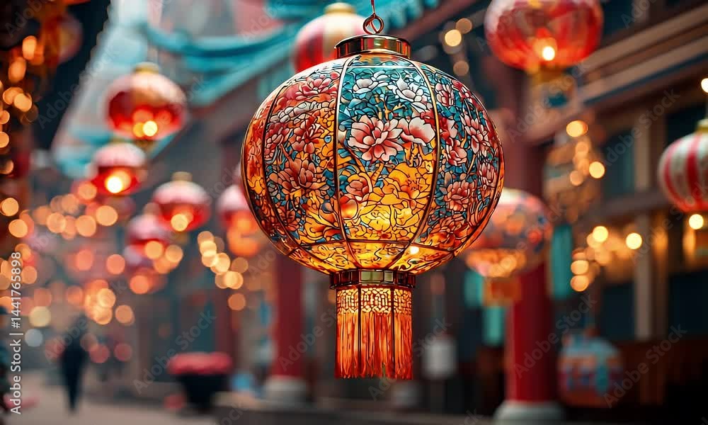 Festive Chinese Lanterns with Red and Gold Floral Designs Hanging on a City Street Illuminating the Evening with Traditional Holiday Decorations Festive Chinese Lanterns with Red and Gold Floral Designs Hanging on a City Street Illuminating the Evening with Traditional Holiday Decorations