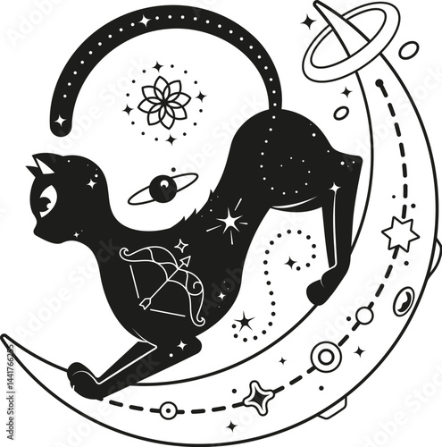 Black magic cat stretching on a crescent moon, adorned with cosmic and astrological symbols. Vector mystical and occult black cat feline animal represents mystery and supernatural connection
