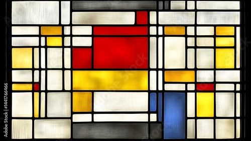 Abstract geometric stained glass artwork with red, yellow, and blue hues