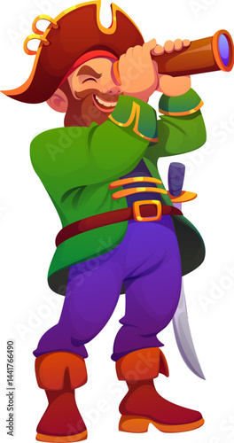 Cartoon pirate corsair character peers intently through a spyglass. Isolated vector sea sailor, captain or marine rover personage with saber, tricorn hat, boots and mischievous grin under bushy beard