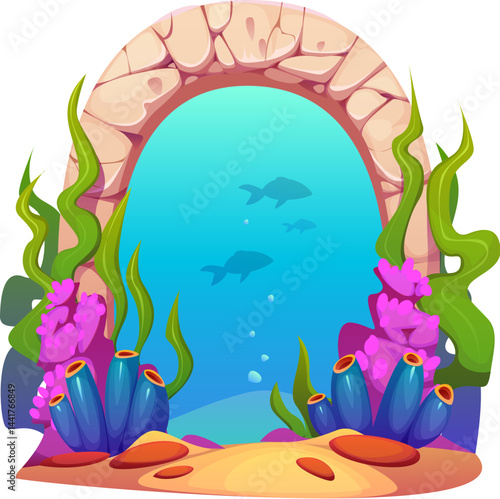 Underwater stone gate or door of game magic portal. Vector fantasy sea world entrance with cartoon rock arch, corals and seaweeds, blue water and fish. Fantasy magic underwater portal game asset