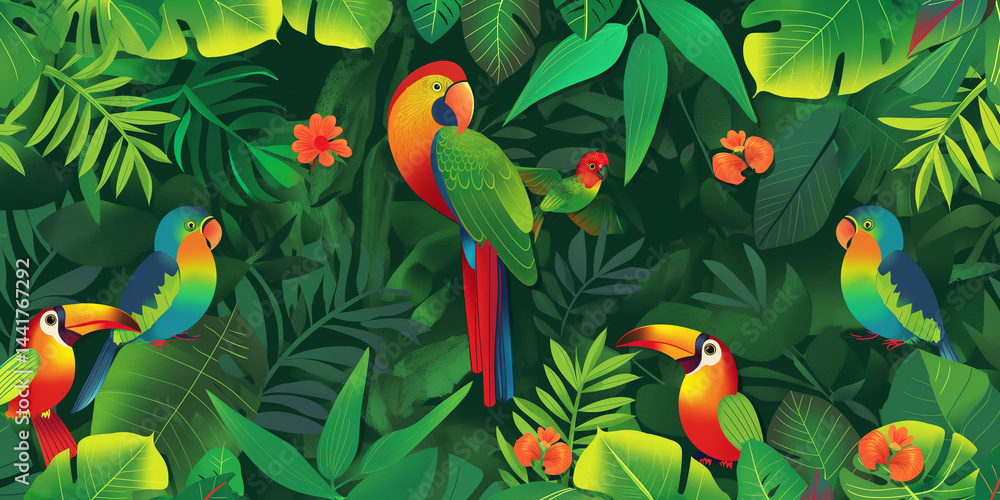 Tropical Aviary: Parrots and toucans perched amidst vibrant jungle leaves in stylized color
