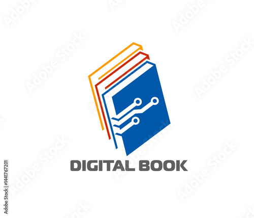 Digital book icon. Vector emblem featuring a book with circuit board lines, symbolizing technology, innovation, modern technologies or online learning education. Label combines reading and electronics
