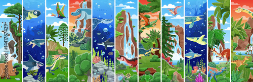 Cartoon dinosaurs and water dinos characters collage. Vector prehistoric animals and reptiles personages of triceratops, velociraptor and megalodon. Cute stegosaurus and pteranodon dinosaur characters