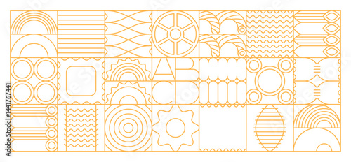 Pasta and macaroni abstract geometric pattern. Vector modern linear grid background with noodle shapes. Yellow outlines on white background highlight spirals, shells, tubes and waves in abstract style