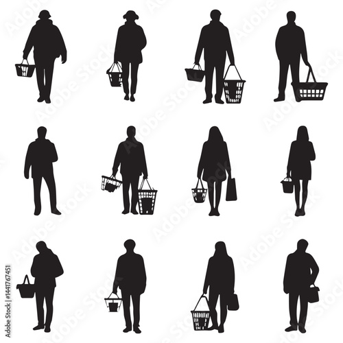 Silhouettes of People Shopping with Baskets
