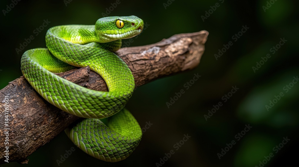 Green pit viper coiled on tree branch in lush forest nature photography close-up serpent habitat Green pit viper coiled on tree branch in lush forest nature photography close-up serpent habitat