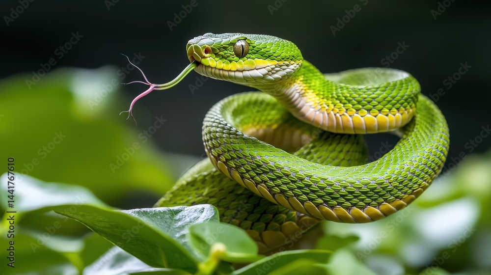 Green pit viper striking in lush rainforest wildlife photography dynamic movement close-up view Green pit viper striking in lush rainforest wildlife photography dynamic movement close-up view