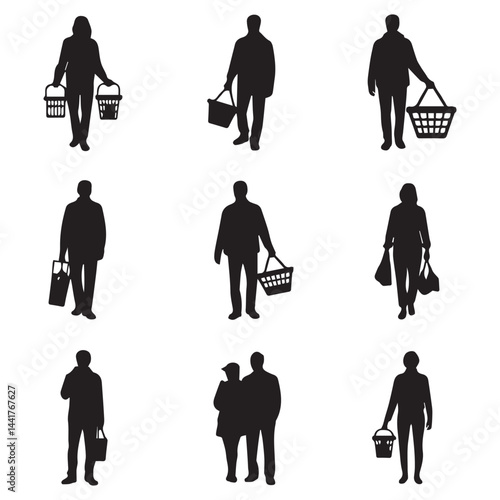 Silhouettes of People Shopping with Baskets