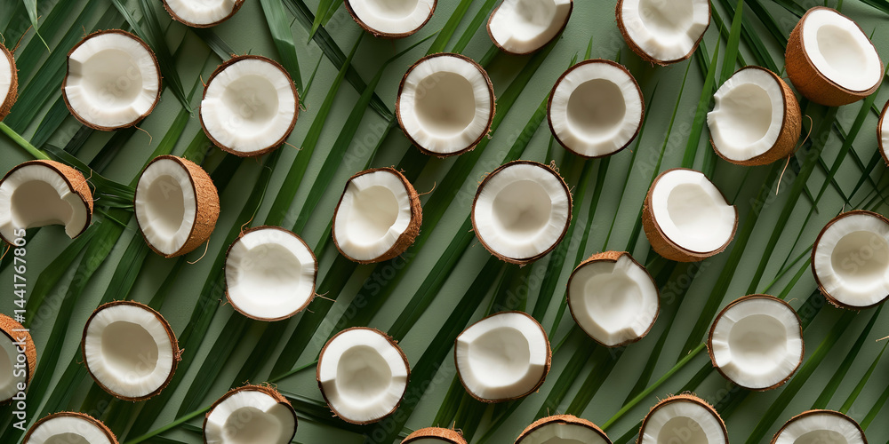Palm & Coconut Flow: Abstract minimal design combining coconuts and tropical fronds, green background