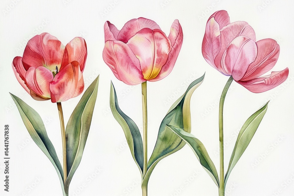 custom made wallpaper toronto digitalThree delicate pink tulips with green leaves on white background showcasing gentle curves and soft petals