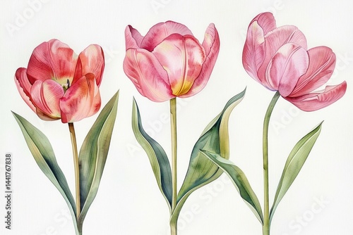 Wallpaper Mural Three delicate pink tulips with green leaves on white background showcasing gentle curves and soft petals Torontodigital.ca