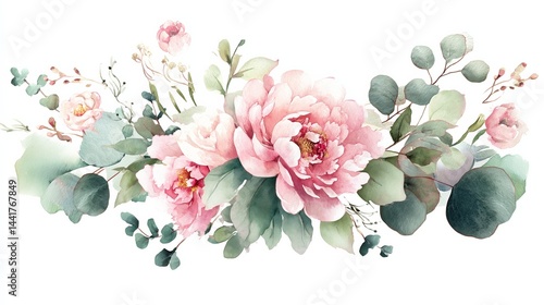 Delicate watercolor floral arrangement with pink peonies and eucalyptus leaves, soft pastel tones and artistic border, wedding-themed composition