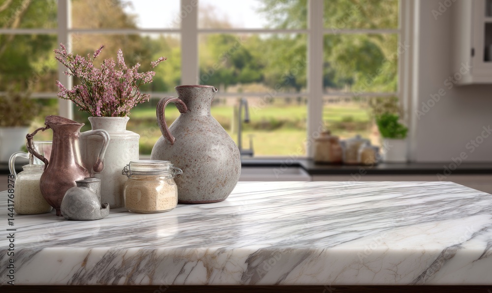 Kitchen counter with rustic decor, view of nature