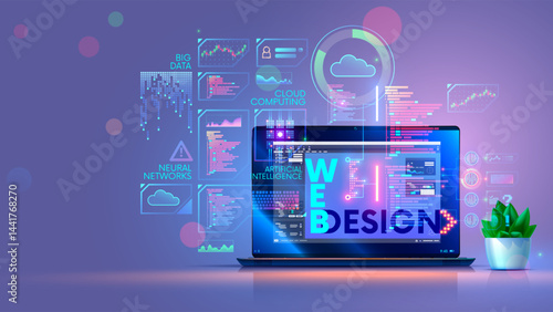 Laptop on desk with software of web design, programming, creation app, software development. Abstract design elements of computer technology on screen laptop. Online education of technology web design