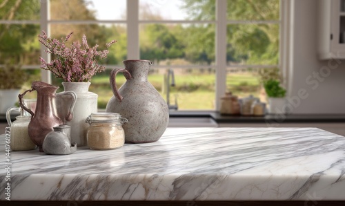 Obraz na płótnie Kitchen counter with rustic decor, view of nature w salonie
