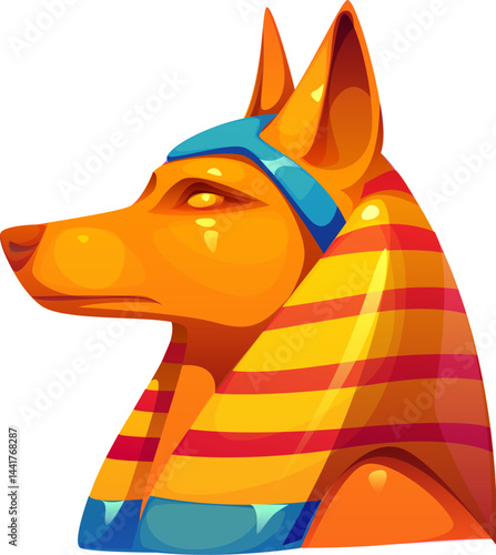 Anubis, the ancient Egyptian god of the afterlife, Egypt game icon, treasure asset depicted as golden jackal head adorned in a vibrant striped nemes headdress. Cartoon vector regal artifact or relic