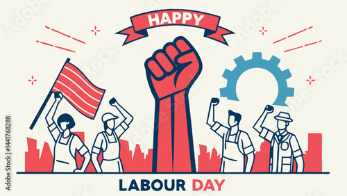 Happy Labour Day or International Workers’ Day Vector Illustration with Raised Fists, Tools, and Banners for May Day Celebration and Labor Rights Solidarity