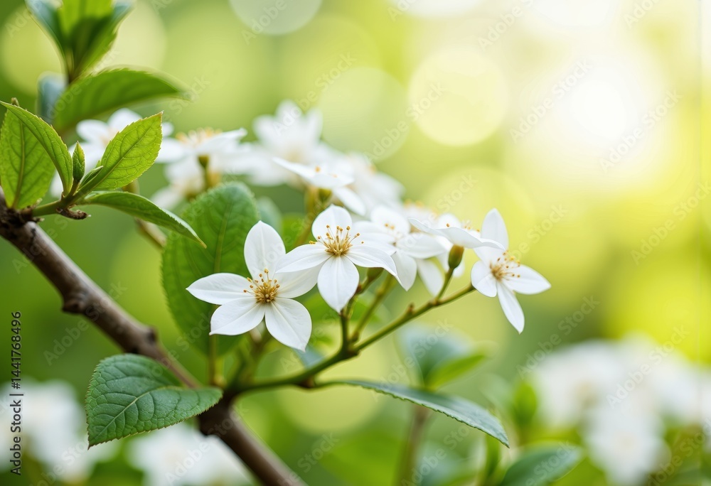 Fototapeta premium Delicate white flowers blooming against a soft green background 
